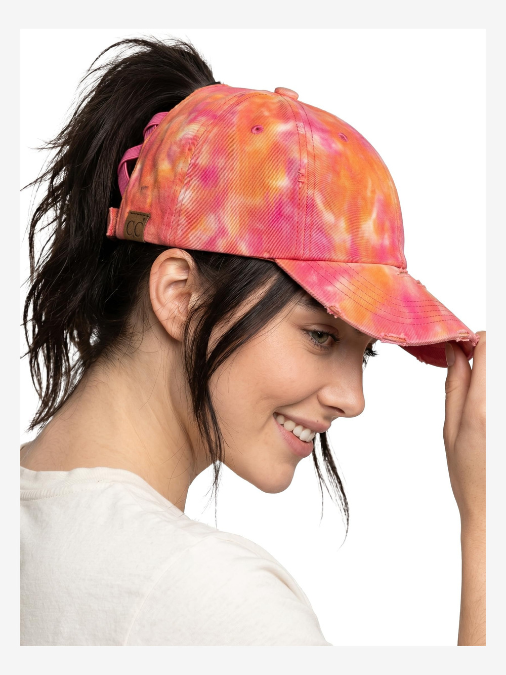 Criss Cross Ponytail Cap, Messy Bun Distressed | Tie Dye, Hot Pink Mix | Size OS